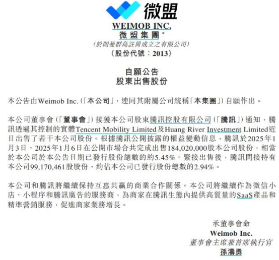 大跌超40%！微盟集团遭腾讯大幅度减持